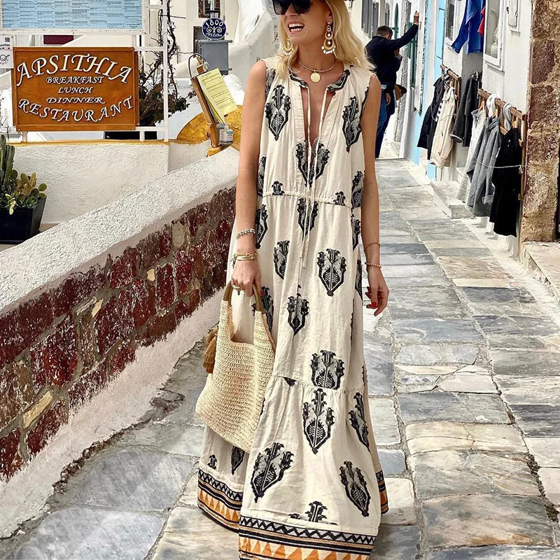 Toloer Toloer Spot Women's Wear 2024 Summer New Temperament Sleeveless Medium-Long Bohemian Print Dress-Outfit Ideas