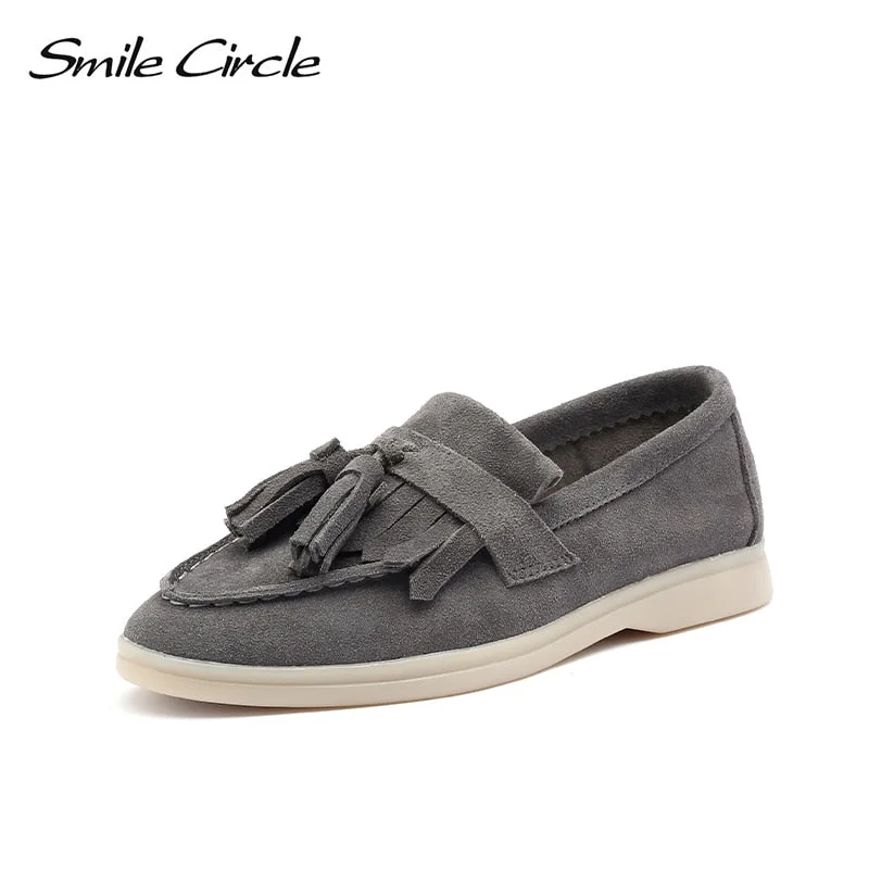 Smile Circle/loafers Women cow-suede Slip-On flats shoes Genuine Leather tassel Ballets Flats Shoes women Moccasins size 36-42