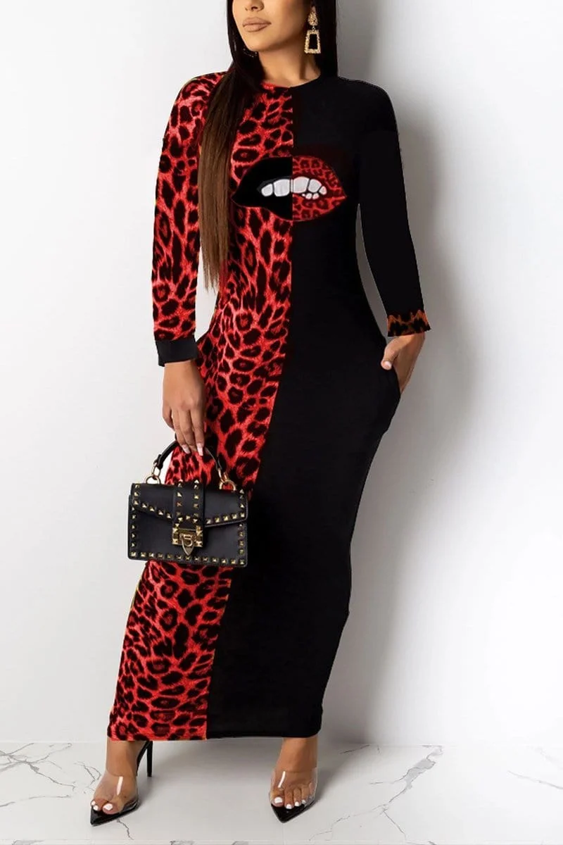 Fashion Casual Lips Print Leopard Dress