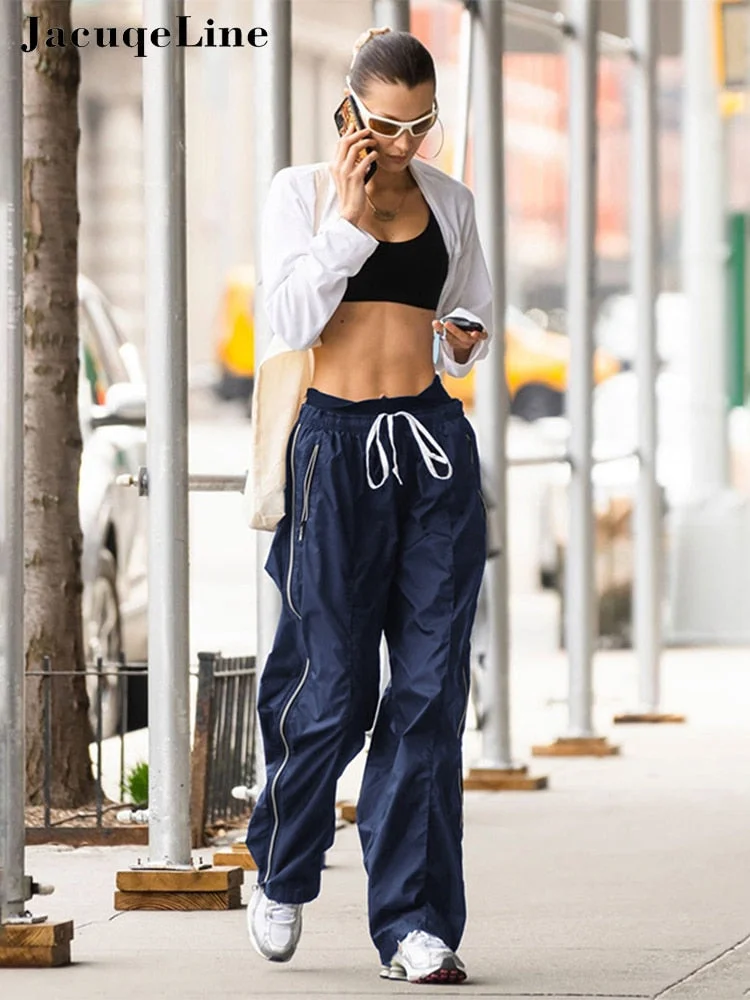 Jacqueline Summer 2022 Baggy Y2K Blue Fashion Casual Women Pants Low Waist Sweatpant Straight Trousers Street Retro Cargo Pant