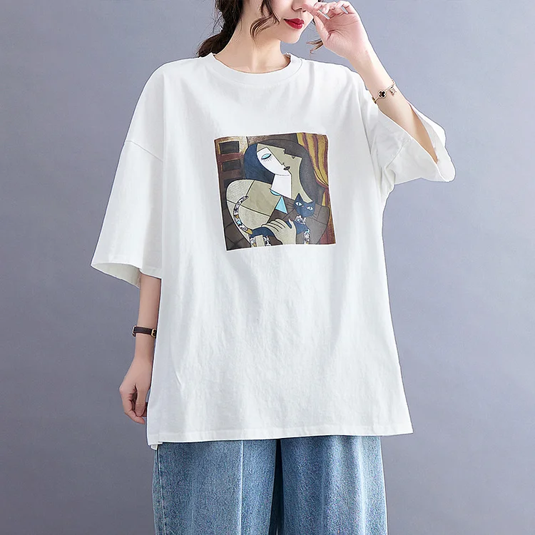 Loose Print Crew Neck Short Sleeve T-Shirt - yankia