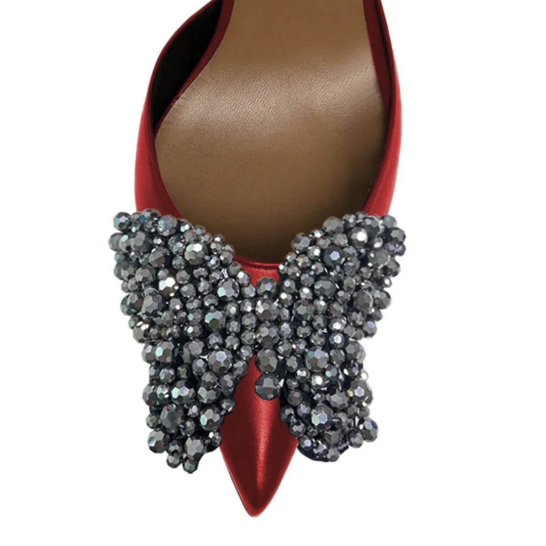 Women's Pointed Toe Flared High Heel Butterfly Metallic Red Pumps