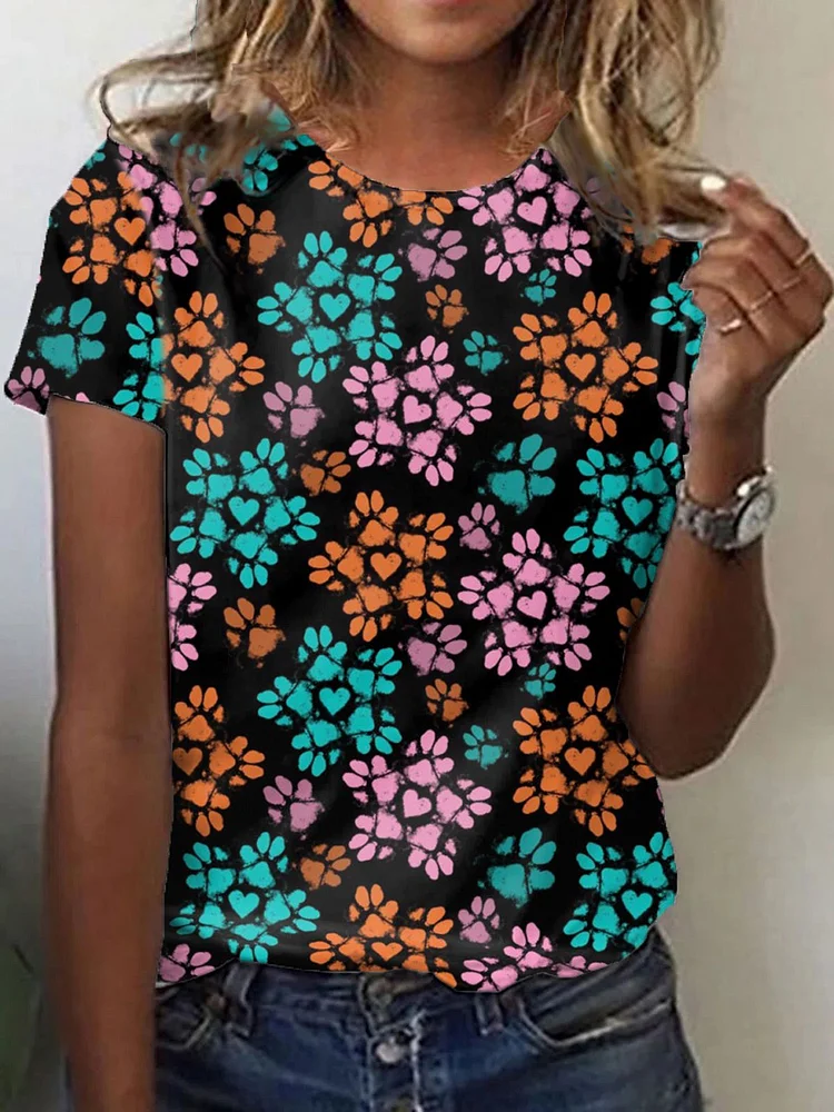 Women's Colorful Dog Paws Print Casual Tee