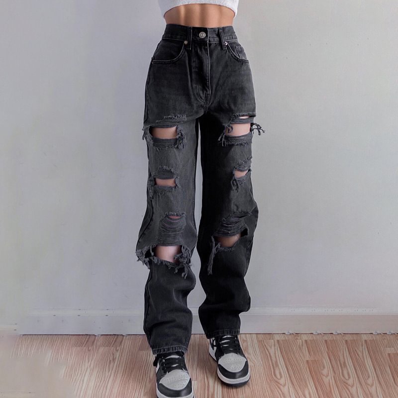 High Quality Women's Ripped Jeans Straight Loose Washed