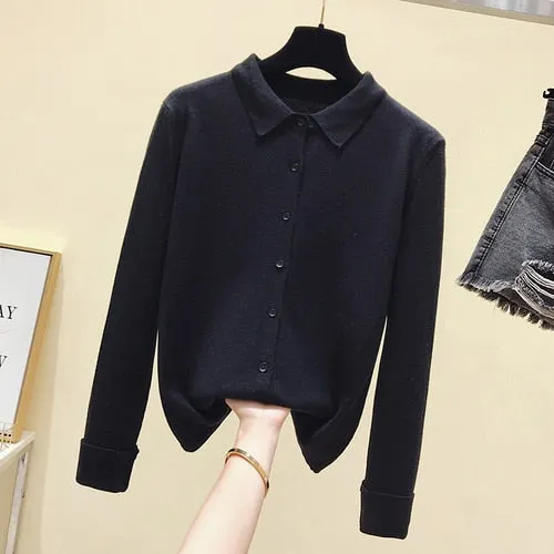 Spring Autumn Long Sleeve Single Breasted Women Sweater Polo Collar Knitted Cardigan Loose Lazy Lapel Bottoming Shirt Coat 11181
