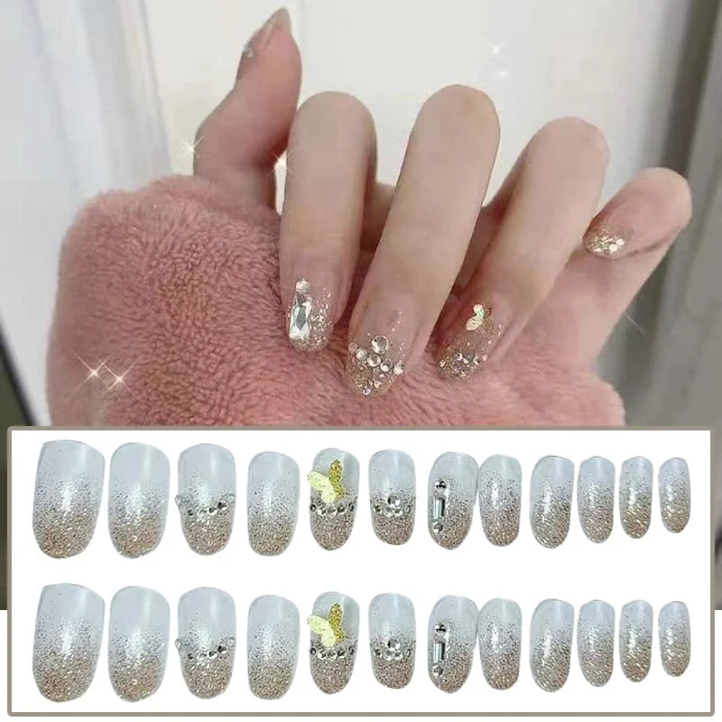 24Pcs/box Full Cover Short round press on nails Pink Dripping Shape Heart Bride nail tips Wearable Fake Nail with Glue for girls-Nail Inspo
