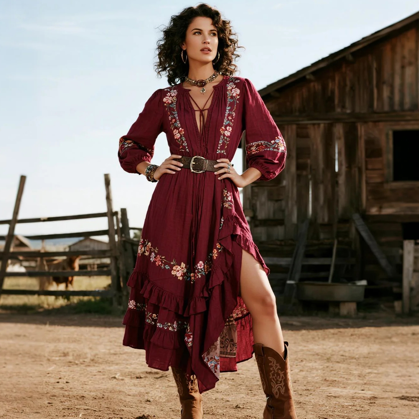 Western Retro Ethnic Style Geometric Floral Long-sleeved Dress