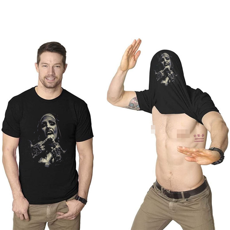 Nun with Crucifix Graphic Dark Style Double-Print Flip T-shirt