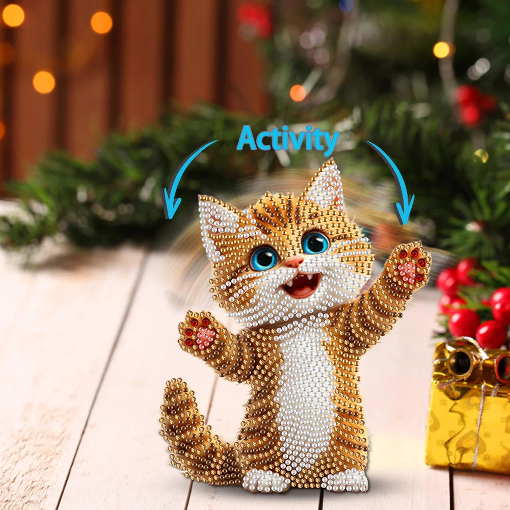 Xmas Acrylic Shaking Head 5D DIY Diamond Art Tabletop Decorations for Home (Cat)