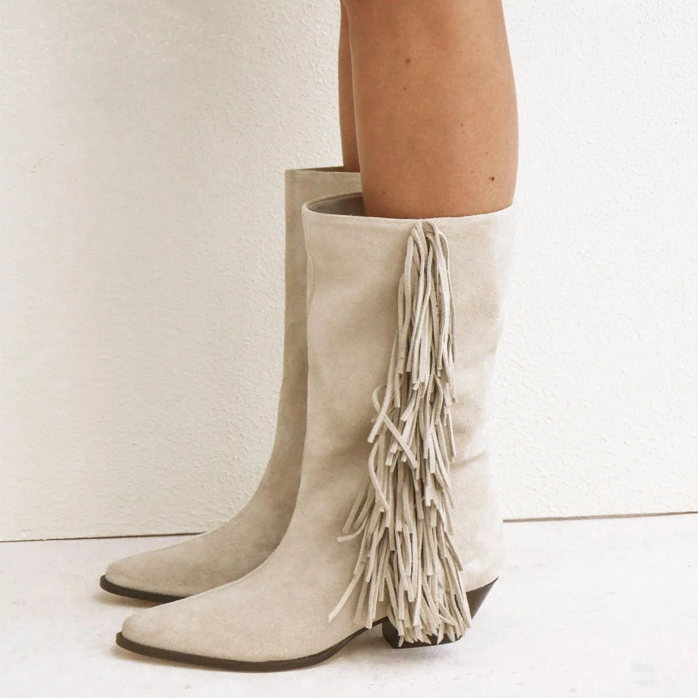 Fashion Beige Pointed Toe Chunky Heel Fringe Cowboy Boots for Women