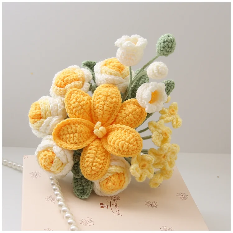 Lulusnow Handmade Yellow Lily Rose Bell Orchid Crochet Flowers Bouquet Wedding/Forever Loving Girlfriend/Wife/Bride Gift
