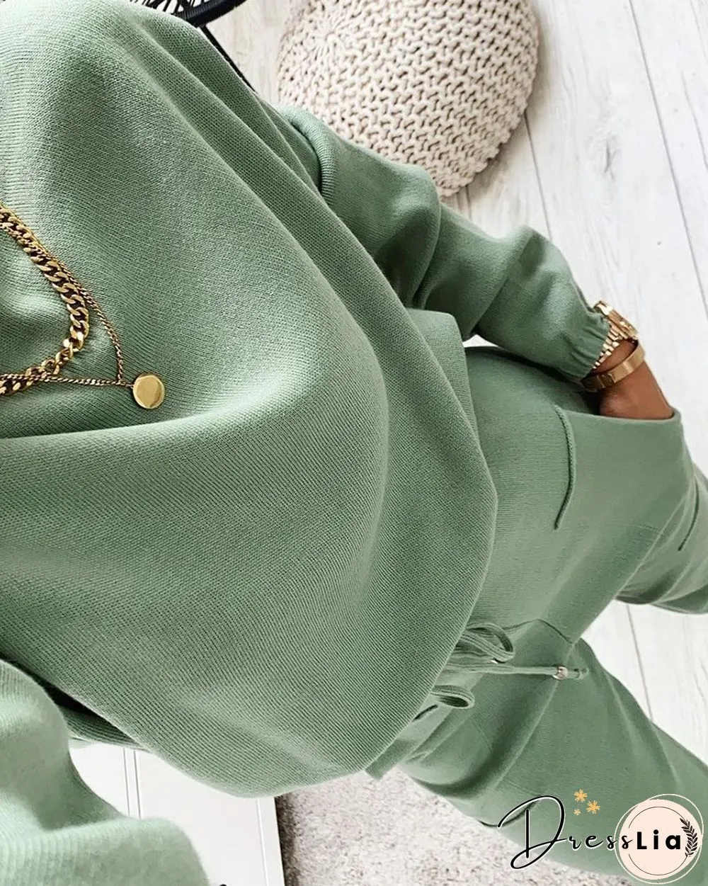 Plain Long Sleeve Top & Drawstring Pants Set