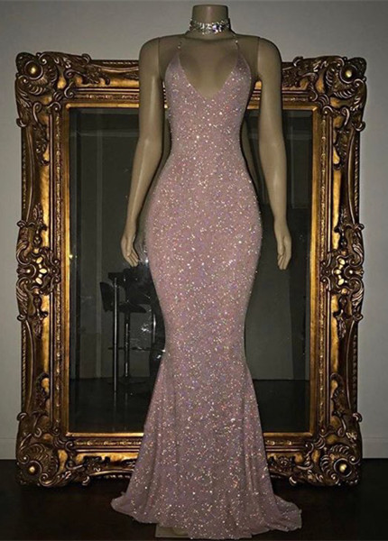 Dresseswow Spaghetti-Straps Sequins Prom Dress Mermaid Sleeveless