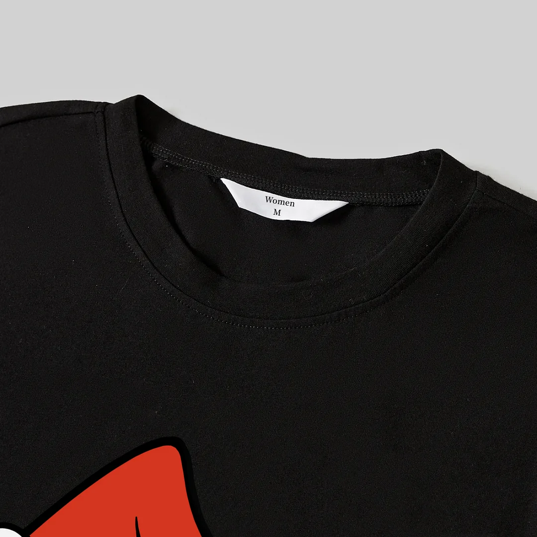 Christmas Cartoon Pattern Print Black Long Sleeve Top with Red & White & Green Plaid Family Matching Pajamas