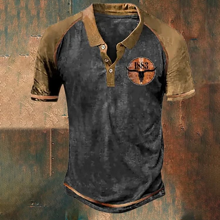 BrosWear Stand Collar Retro Color Block 1883 Print Polo T Shirt
