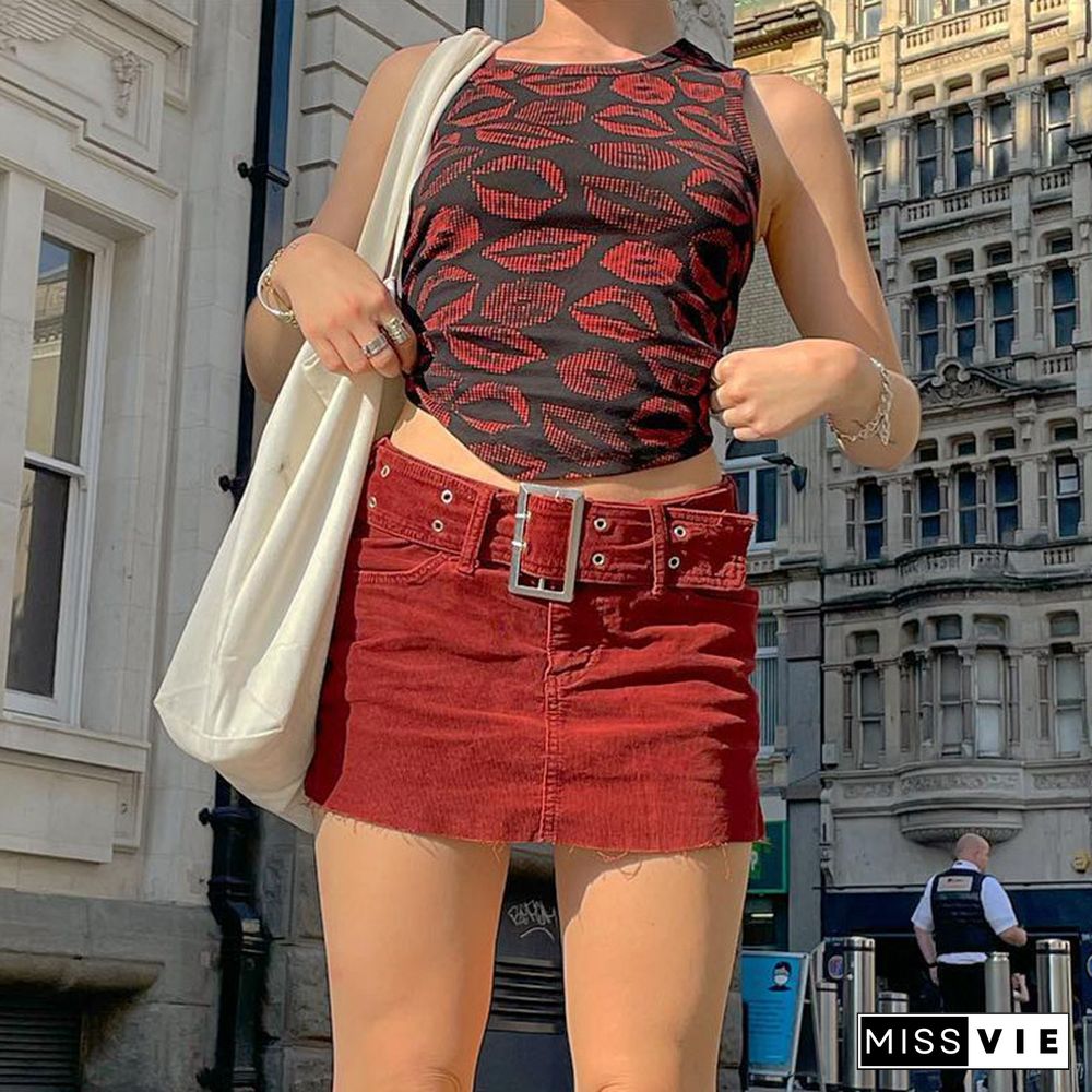 Y2k Aesthetic Lip Print Crop Tops Women Grunge Fairy Core Backless Tshirt Vintage Sweat Shirts Graphic Tee Streetwear