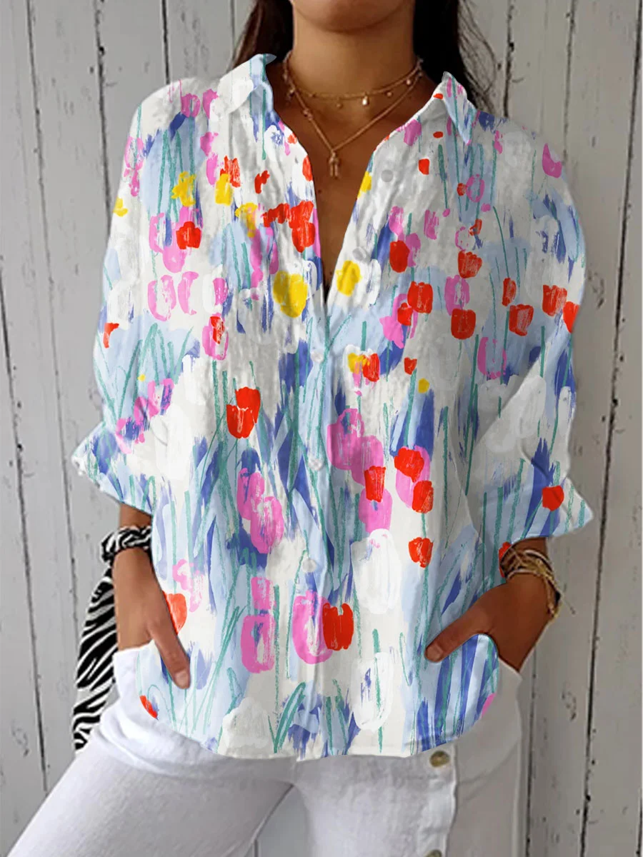 Women's Vintage Flower Art Print Casual Linen V-neck Shirt