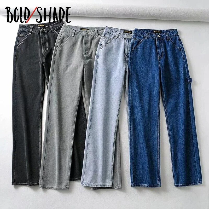 Bold Shade Streetwear Fashion Grunge Jeans High Waist Straight Boy Friend Pants Solid Teen Style Women Loose  Jeans Fall Winter