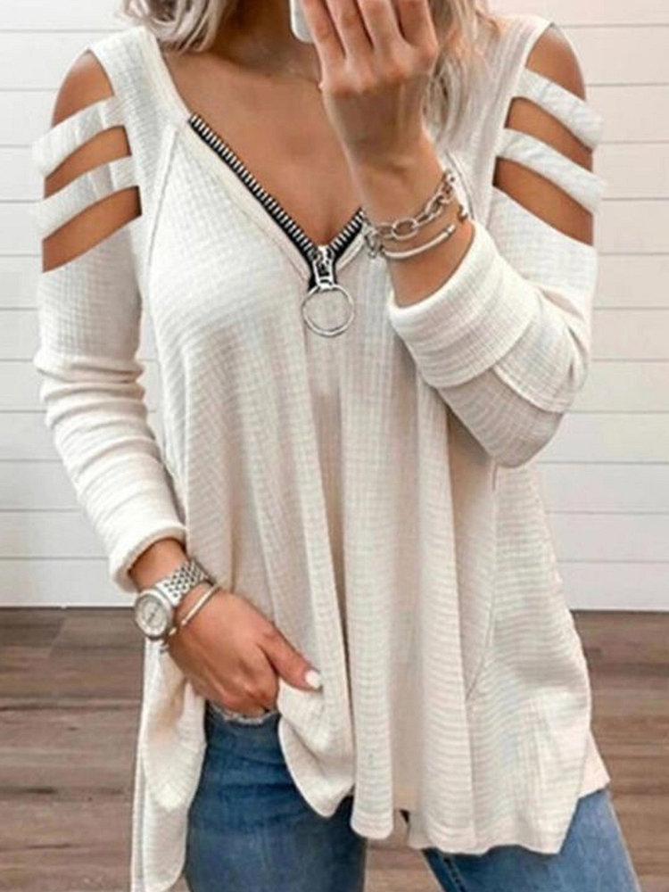 Spring new sexy low-cut zipper solid color shoulder strap long-sleeved T-shirt-Mayoulove
