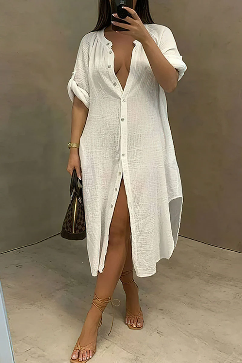 White Casual Solid Split Joint Buckle Asymmetrical Shirt Dress Dresses