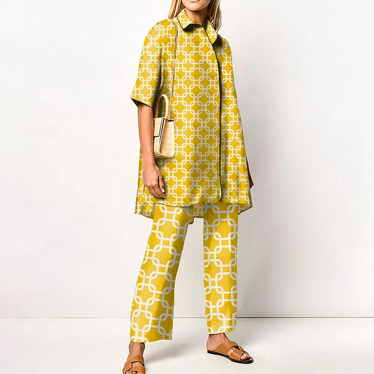 Geometric Print Short Sleeve Two Piece Set