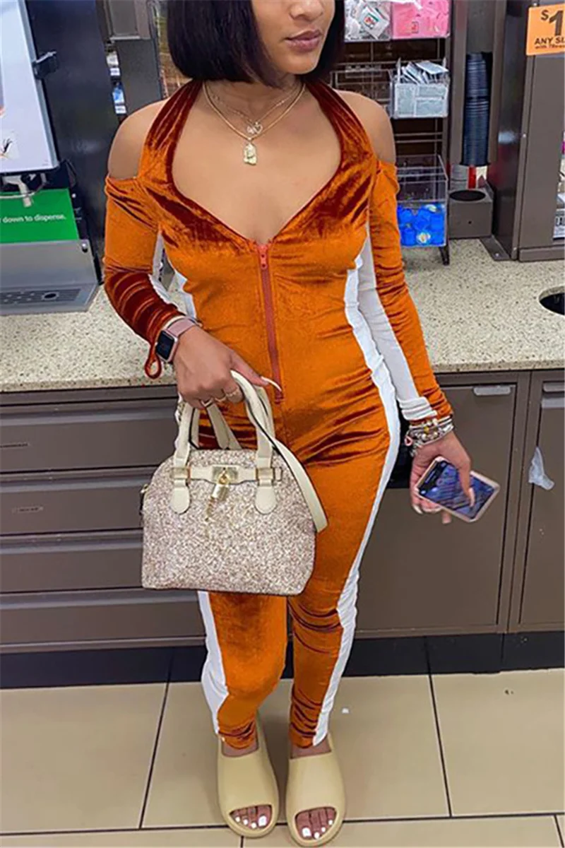 Orange Fashion Sexy Patchwork Patchwork Halter Skinny Jumpsuits | EGEMISS