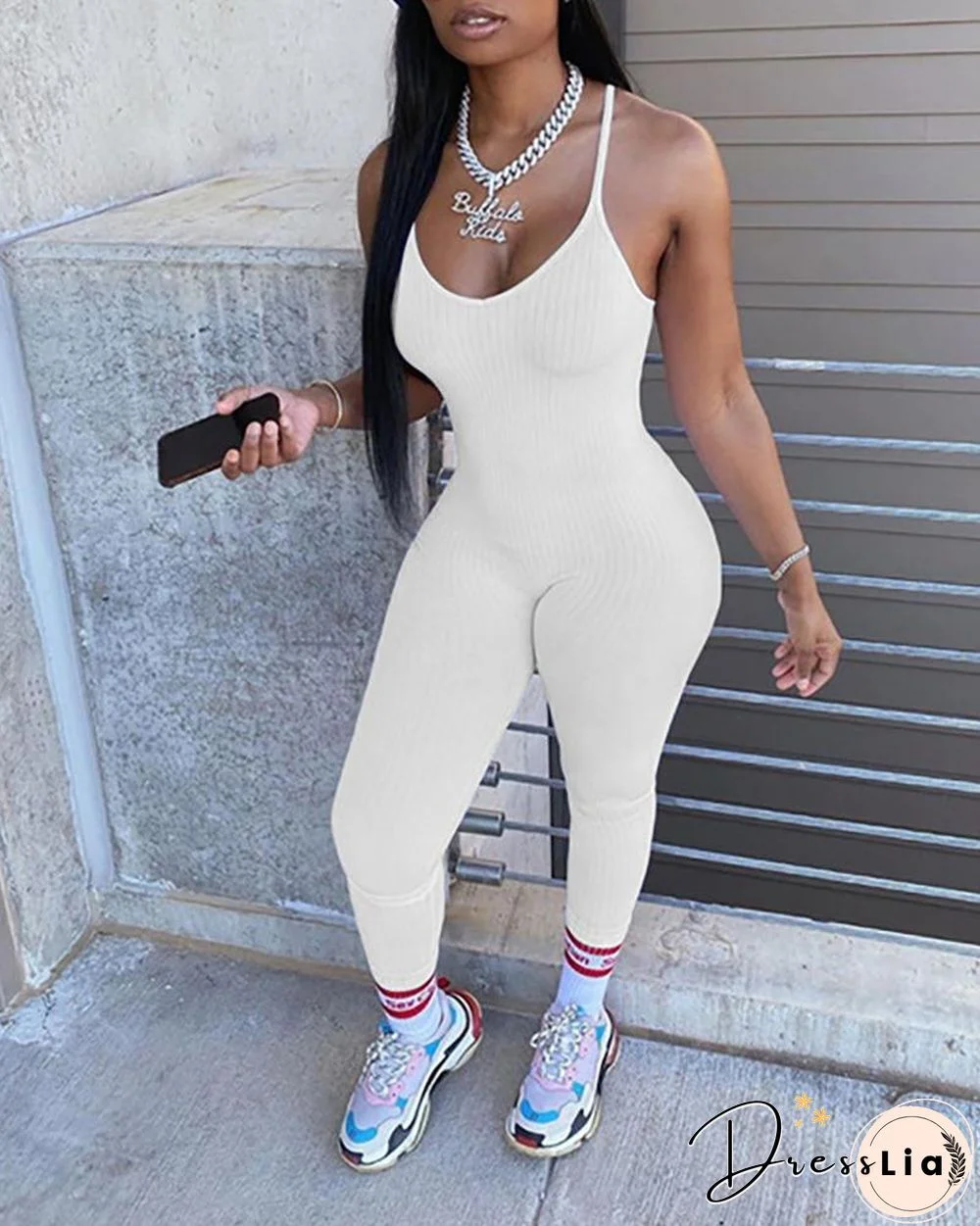 Solid U-neck Spaghetti Strap Jumpsuit P15327