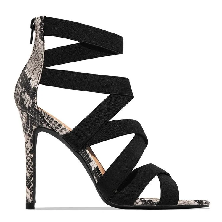 Lace-Up Bandage Patchwork Snakeskin Thin Heeled Sandals