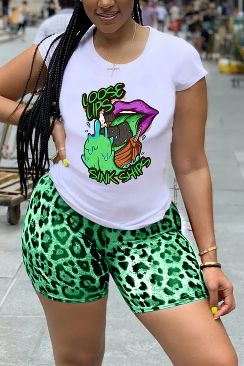 Light Green Fashion Casual Printed Short Sleeve Shorts Set | EGEMISS