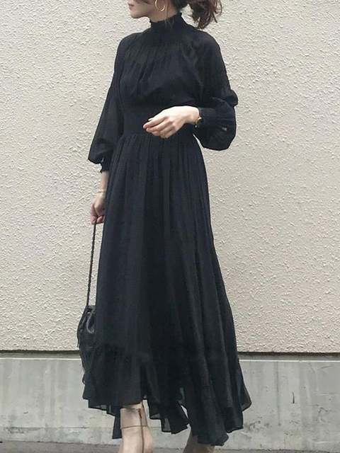 Stand Collar Black Elegant Pullover Maxi Dress