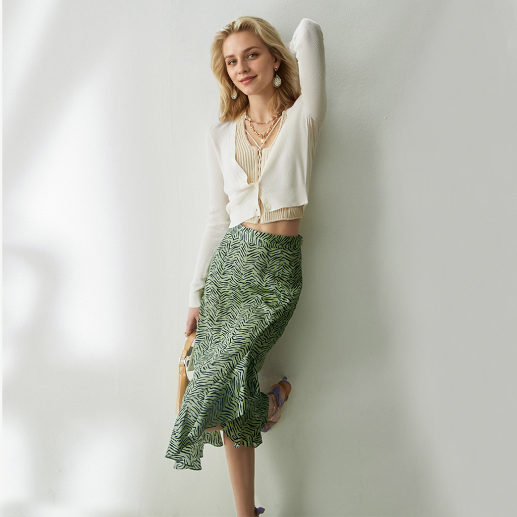 Ruffle Silk Skirt Green REAL SILK LIFE