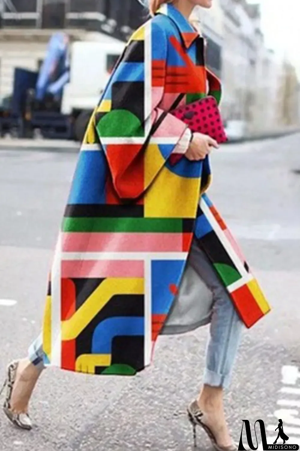 MidiSono - Yellow Blue Street Camouflage Print Patchwork Turndown Collar Outerwear