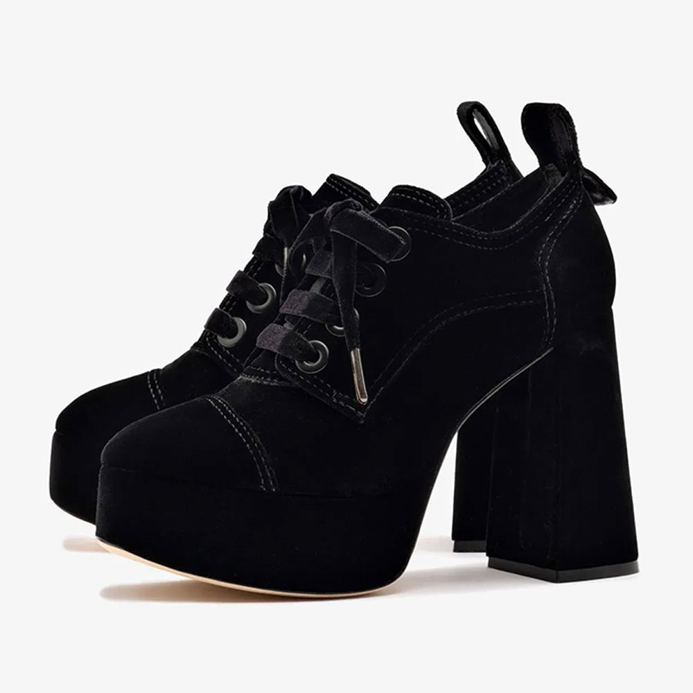 Black Velvet Round Toe Lace-Up Block Heel Platform Booties Nicepairs