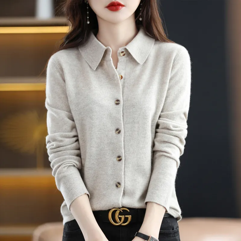 Churchf Churchf And Autumn POLO Collar Knit Shirt With Loose Long-Sleeved Sweater Non-Cashmere Cardigan Temperament Lapel Coat