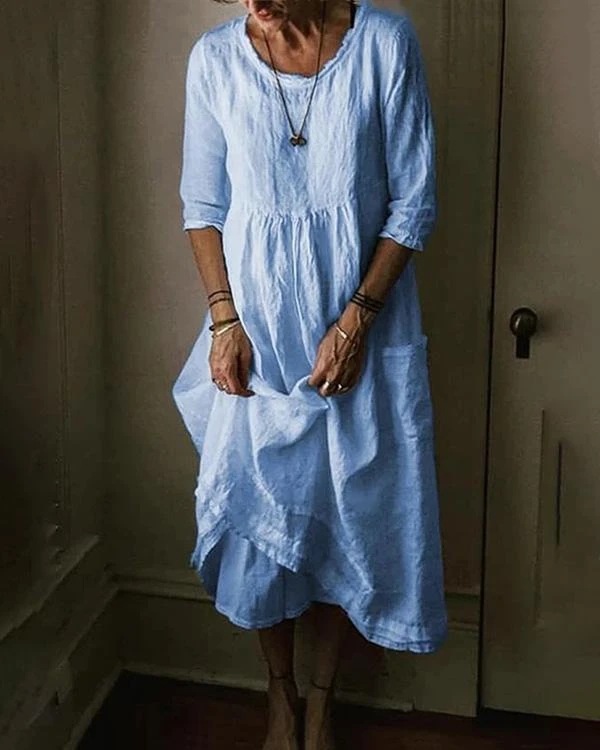 Vintage Plain Plus Size Long Sleeve Casual Weaving Dress | IFYHOME