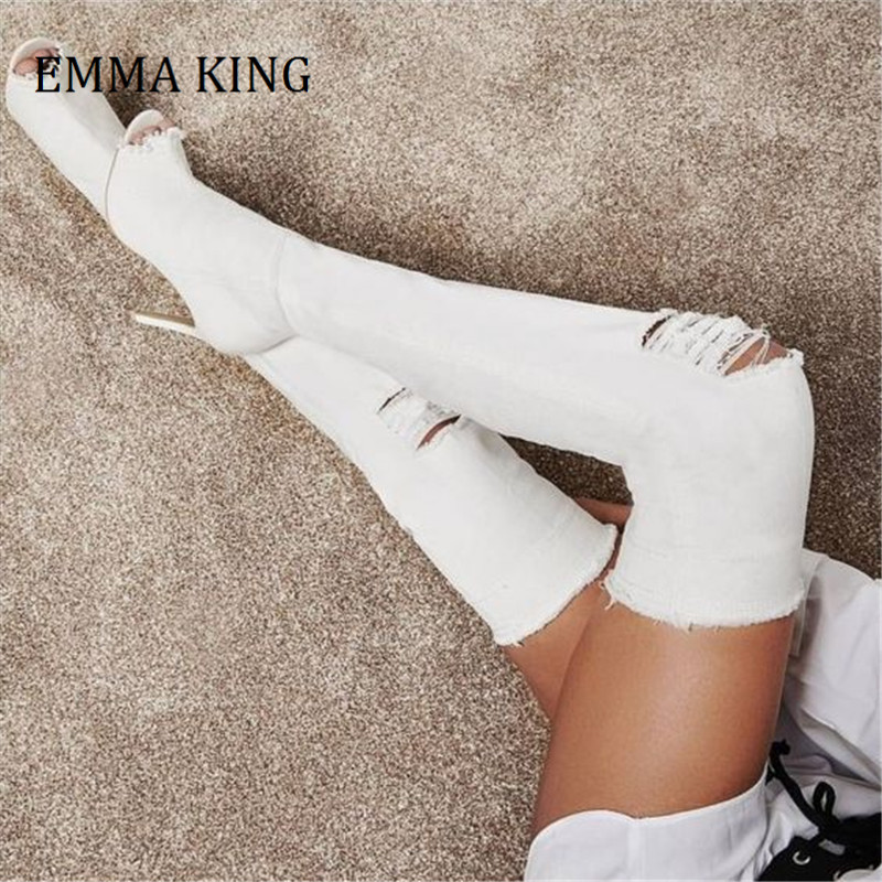 VCSHOES Women Jean Thigh High Boots Peep Toe Stiletto Heels Over The Knee Boots Zipper Woman Boots Zapatos De Mujer