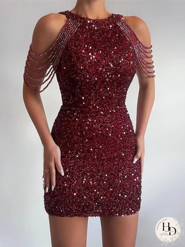 Bodycon Mini Dress Black Pink Sleeveless Pure Color Sequins Tassel Fringe Beads Spring Summer Crew Neck Hot Elegant Party S M L XL / Party Dress for Women