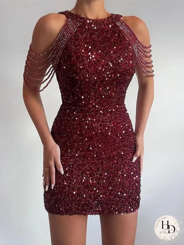 Bodycon Mini Dress Black Pink Sleeveless Pure Color Sequins Tassel Fringe Beads Spring Summer Crew Neck Hot Elegant Party S M L XL / Party Dress for Women