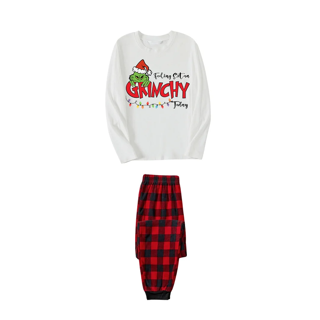 Christmas Green Cartoon Pettern And Red Letter Pattern Print White Top And Red & Black Plaid Pants Family Matching Pajamas