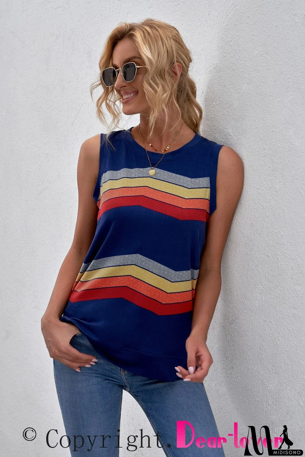 MidiSono - Crew Neck Colorblock Stripes Tank Top