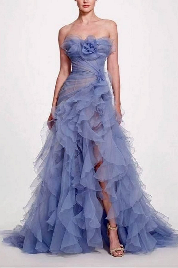 Strapless Sleeveless Long High Split Prom Dress With Pleated XJ0663
