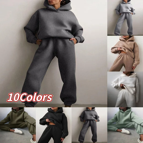 Women Hoodies Two Piece Set Long Sleeve Solid Casual Pocket Sweater Suit Spring Elastic Sport Pants Female Tracksuit
