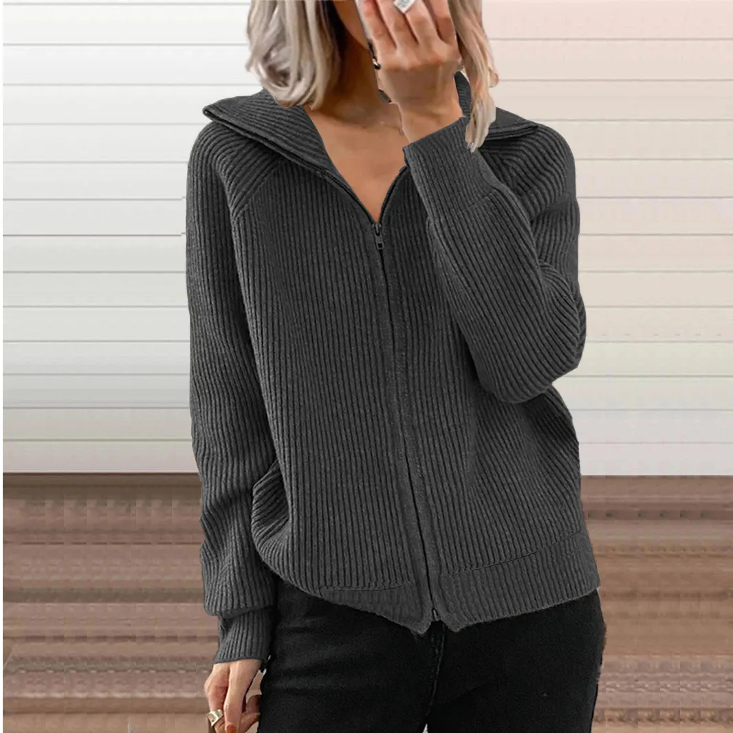 Churchf Churchf Winter New Striped Casual Coat Loose Sweater Zipper Cardigan Long Sleeve Lapel Sweater Woman