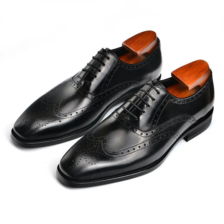 Men's Black Wingtip Dress Shoes, Handmade Leather Brogues