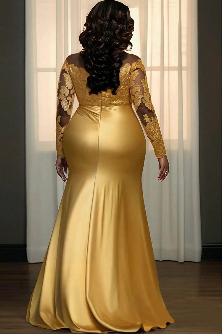 Xpluswear Design Plus Size Formal Lace Gold Turndown Collar Long Sleeve Split Elegant See Through Satin Maxi Dresses [Pre-Order]