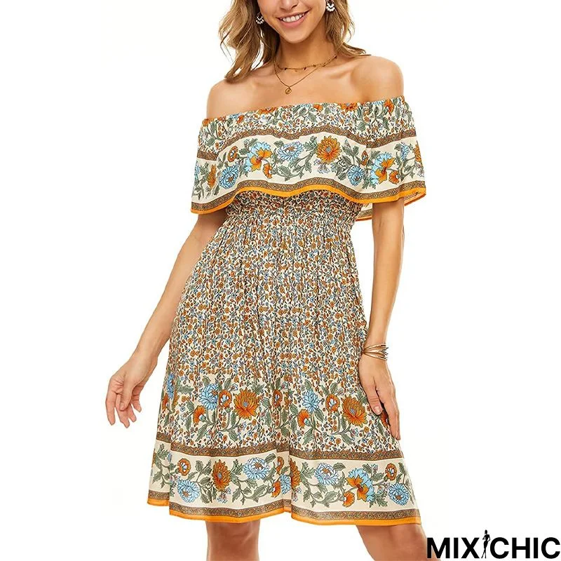 Sexy One-Line Bohemian Print Dress