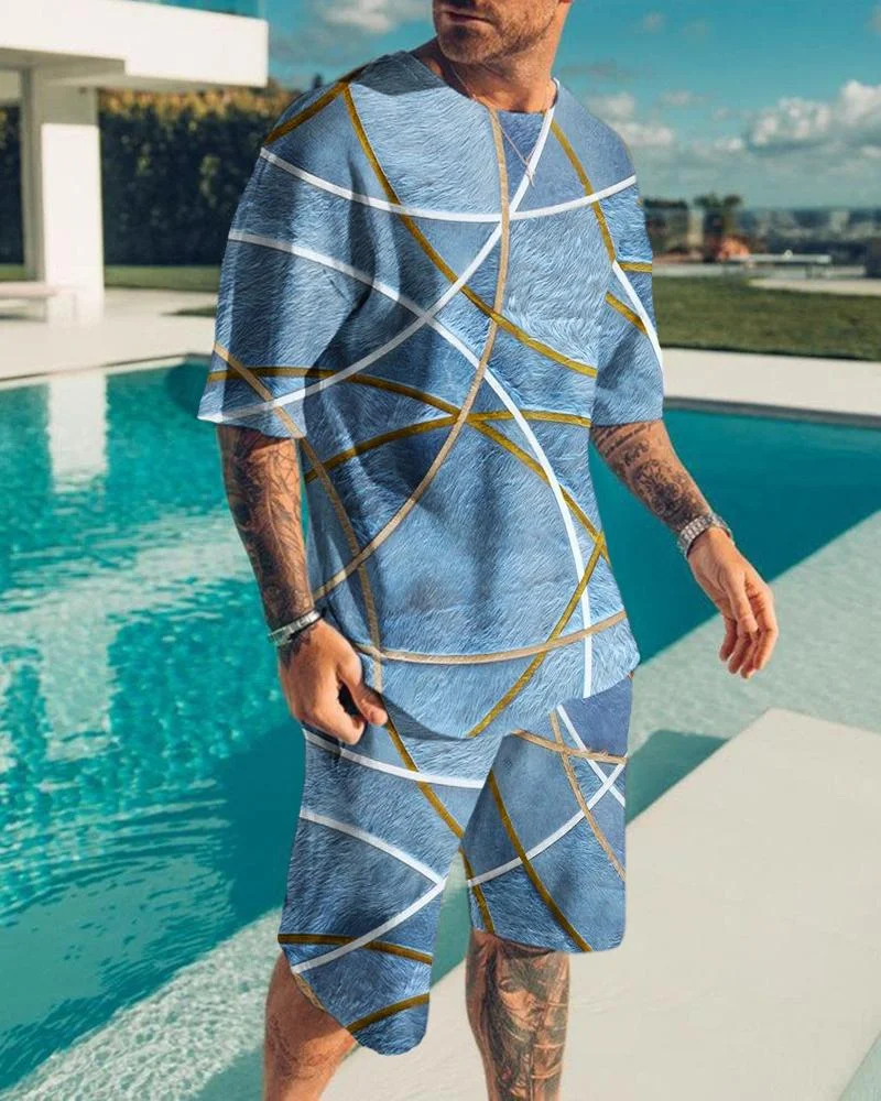 Men's Fashion Blue Irregula Printing Shorts Suit