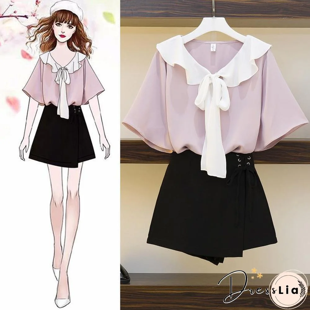 Short Sleeve Chiffon Tee+Shorts P14764