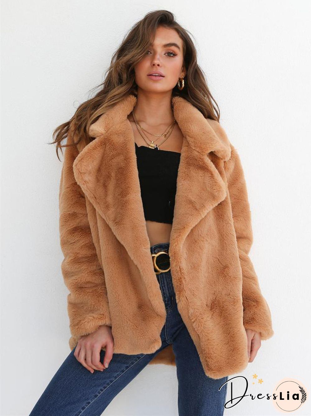 Fashion Solid Color Sexy Plush Lapel Coat