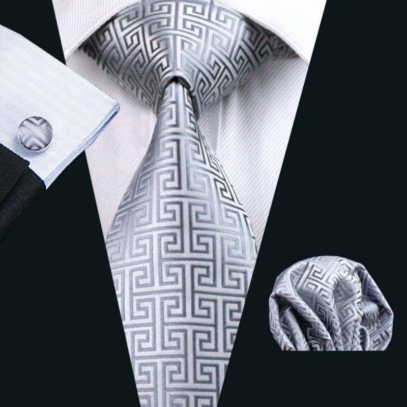 Men's Formal Neck Tie 100% Silk Jacquard Woven +Hanky+Cufflinks Set